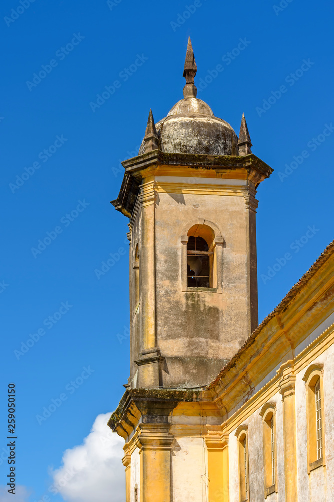 Old catholic baroque bell church tower of the 18th century located in the center of the famous and historical city of Ouro Preto in Minas Gerais