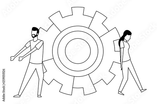 Coworkers teamwork cartoon in black and white