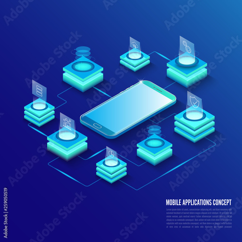 Isometric Mobile Applications concept. Developing programming and coding technologies concept. UX UI User Interface and User experience Process.
