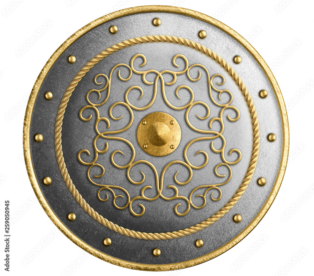 Fototapeta premium Large metal round shield decorated gold isolated 3d illustration