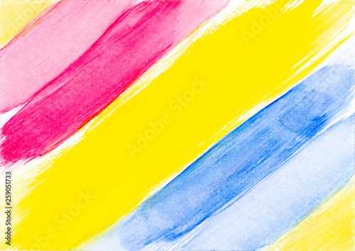 Red yellow and blue abstract watercolor brush stroke on white background.