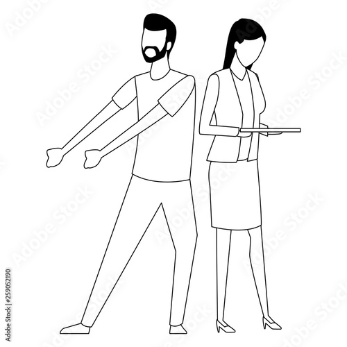 Coworkers teamwork cartoon in black and white