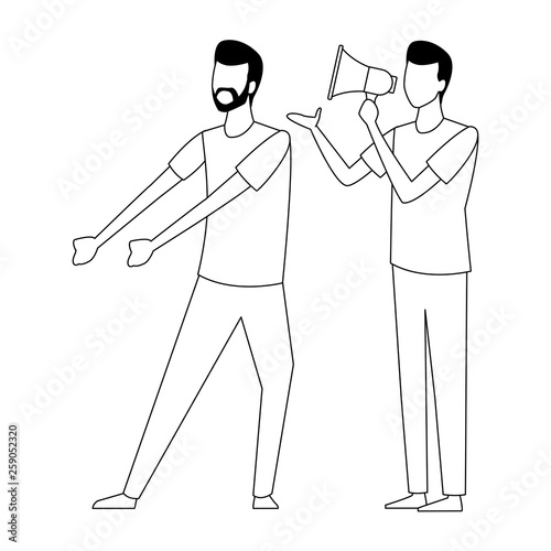 Coworkers teamwork cartoon in black and white