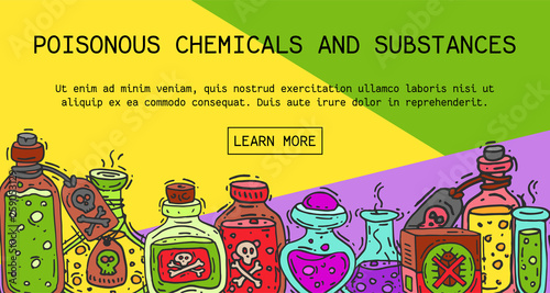 Poisonous chemicals and substances banner vector illustration. Different containers for liquids oil, biofuel, explosive, chemical, radioactive, flammable and poisonous liquids.
