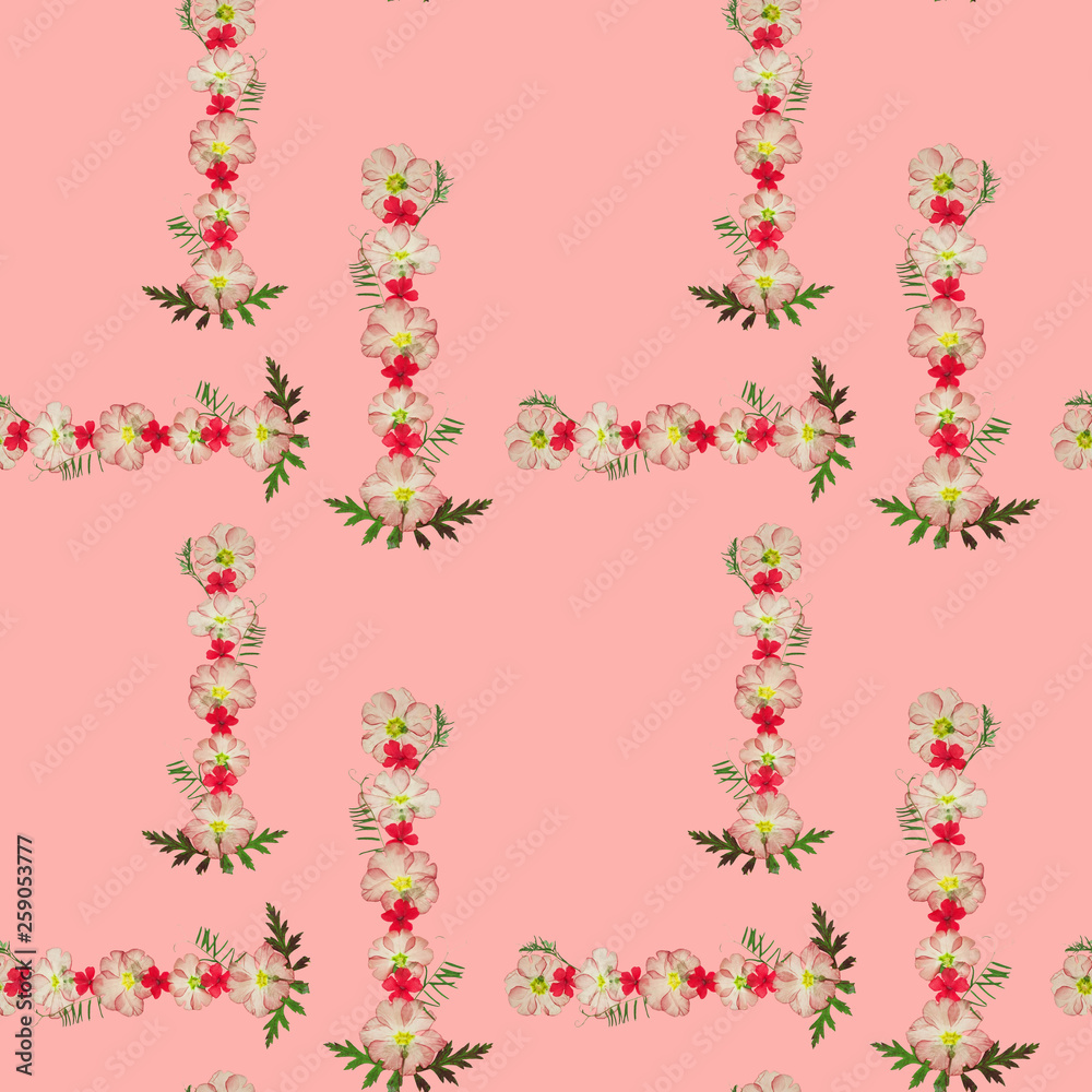 Bunch, bouquet or boutonniere. Seamless pattern texture of flowers. Floral background, photo collage