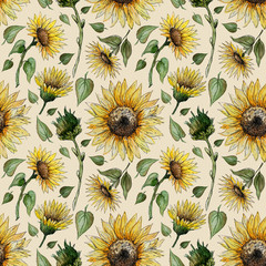 Fototapete Beigefarbene Muster Aquarell Sonnenblumen Muster auf Beige  © Dina Guiter