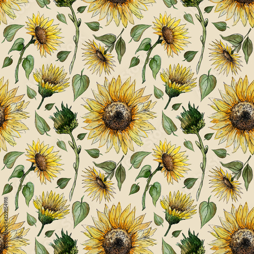seamless pattern of watercolor sunflowers buds leaves stems on a beige background.