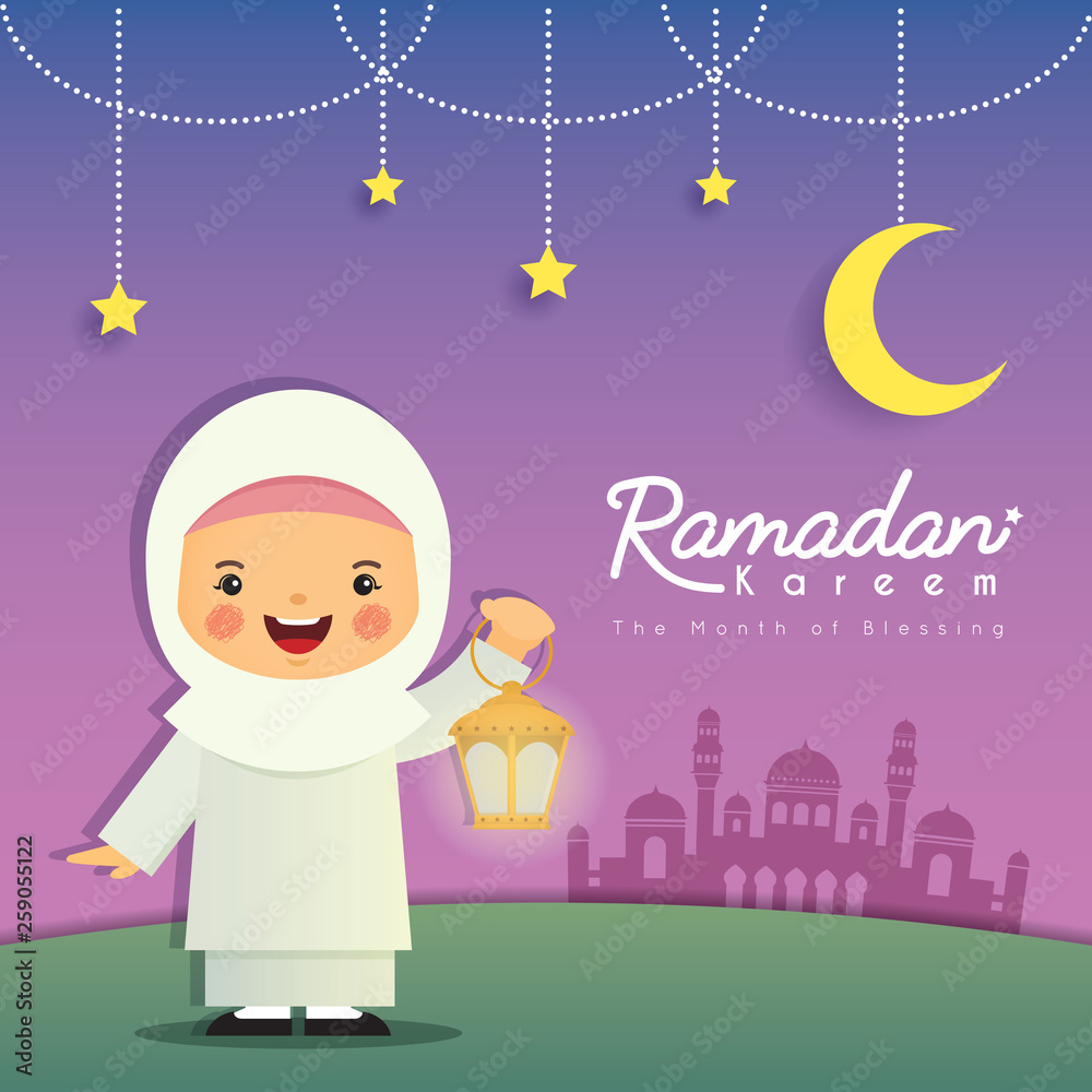 Ramadan greeting card. Cute cartoon muslim girl holding lantern with crescent moon, stars and mosque as background. Vector illustration. Ramadan Kareem means Ramadan the Generous Month.