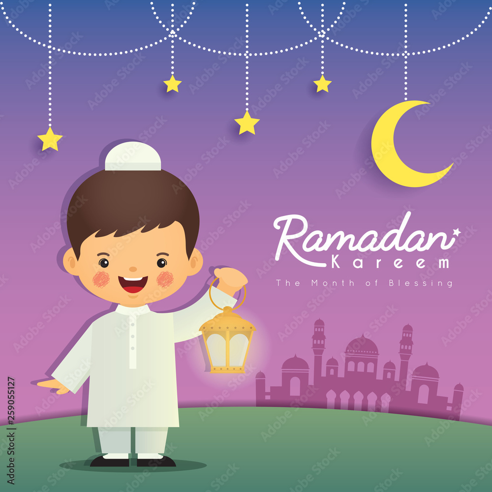 Ramadan greeting card. Cute cartoon muslim boy holding lantern with crescent moon, stars and mosque as background. Vector illustration. Ramadan Kareem means Ramadan the Generous Month. Stock Vector | Adobe Stock Ramadan greeting card. Cute cartoon muslim boy holding lantern with crescent moon, stars and mosque as background. Vector illustration. Ramadan Kareem means Ramadan the Generous Month. Stock Vector | Adobe Stock