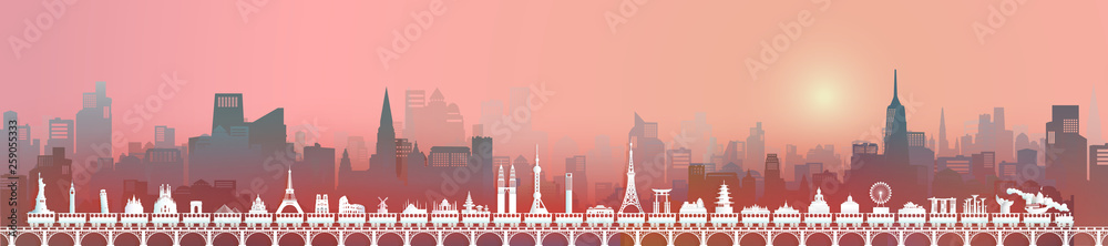 Travel world landmarks downtown of skyline with city background.