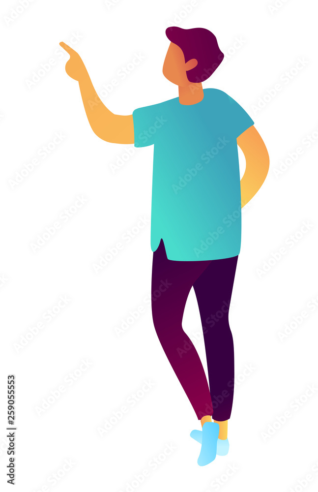 Young businessman standing and pointing finger at something, tiny people isometric 3D illustration. Showing, presenting and advertising, introduce concept. Isolated on white background.