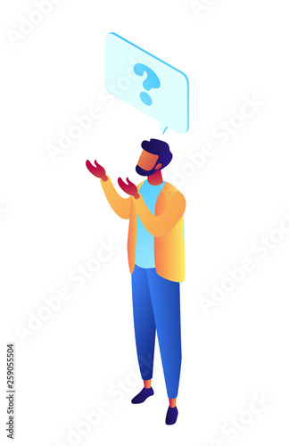 Confused businessman with question mark speech bubble thinking, tiny people isometric 3D illustration. Manager and doubt, looking for solution, problem solving concept. Isolated on white background.