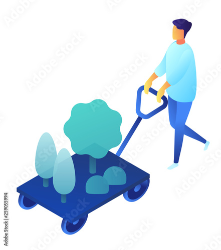 Gardener pushing cart with plants and flowers, tiny people isometric 3D illustration