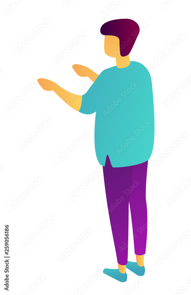 Businessman standing back view raising arms, tiny people isometric 3D illustration. Business presentation, manager, employee advertising, introduce concept. Isolated on white background.