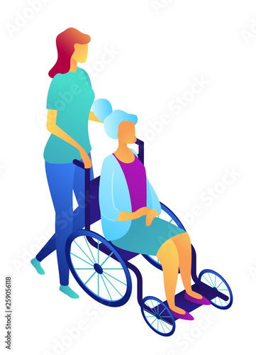 Nurse pushing wheelchair with elderly woman patient, tiny people isometric 3D illustration. Nursing home and healthcare, elderly care and assisted living concept. Isolated on white background.