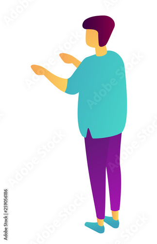Businessman standing back view raising arms, tiny people isometric 3D illustration. Business presentation, manager, employee advertising, introduce concept. Isolated on white background.