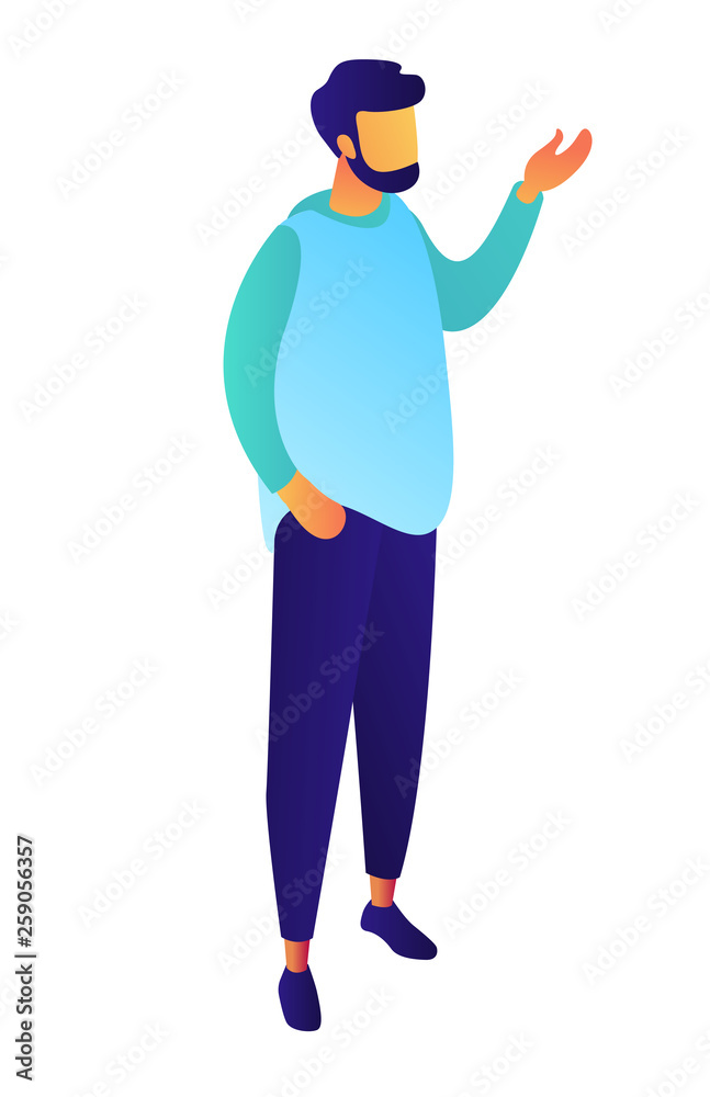 Businessman with raised hand speaking and thinking, tiny people isometric 3D illustration