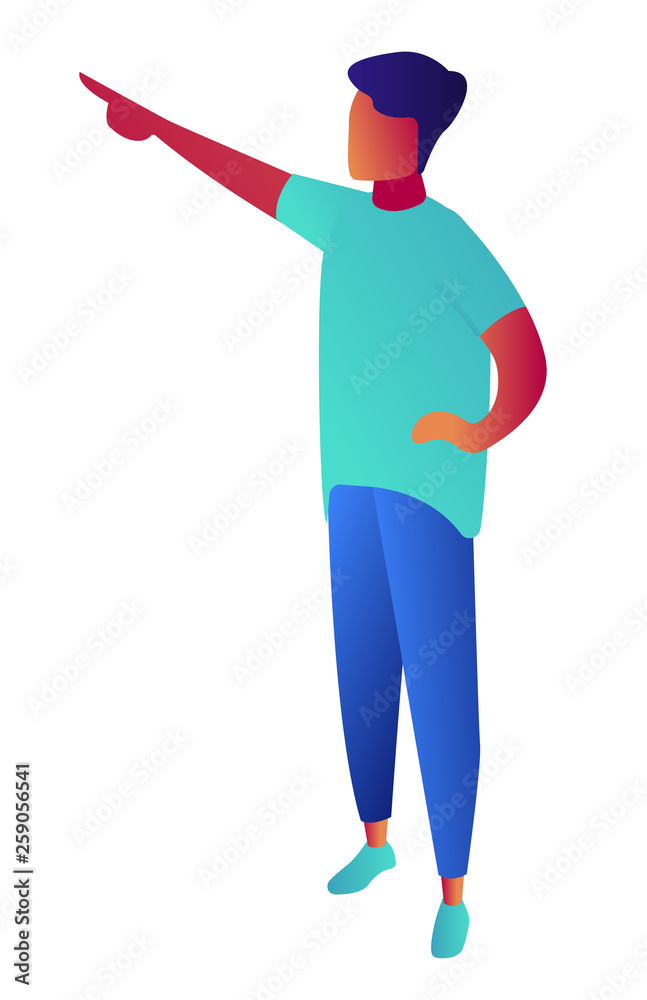 Businessman pointing with hand and showing something, tiny people isometric 3D illustration. Manager at presentation, advertisement, business training and leader concept. Isolated on white background.