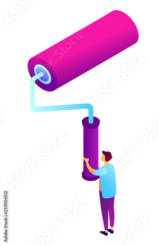 Worker holding huge paint roller, tiny people isometric 3D illustration