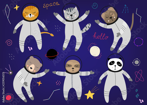 Cute animals in space set, spaceships, planets and stars. Hand drawn vector illustration. Design for cards, posters, cards, t-shirts, book, textile. © reddish