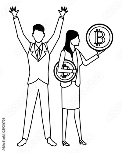 Business people with bitcoins in black and white