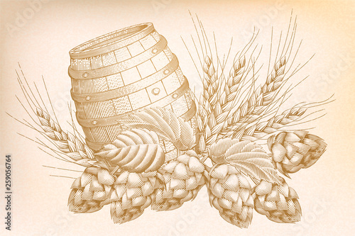 Retro barrel and hops