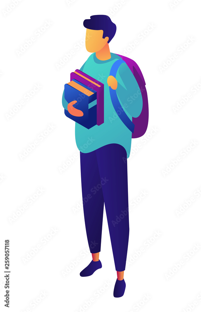 Male student standing with backpack holding books, tiny people isometric 3D illustration