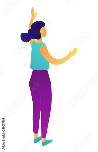 Businesswoman standing and rasing up hand, tiny people isometric 3D illustration. Successful manager presenting, female student with hand up, leader and employee concept. Isolated on white background.