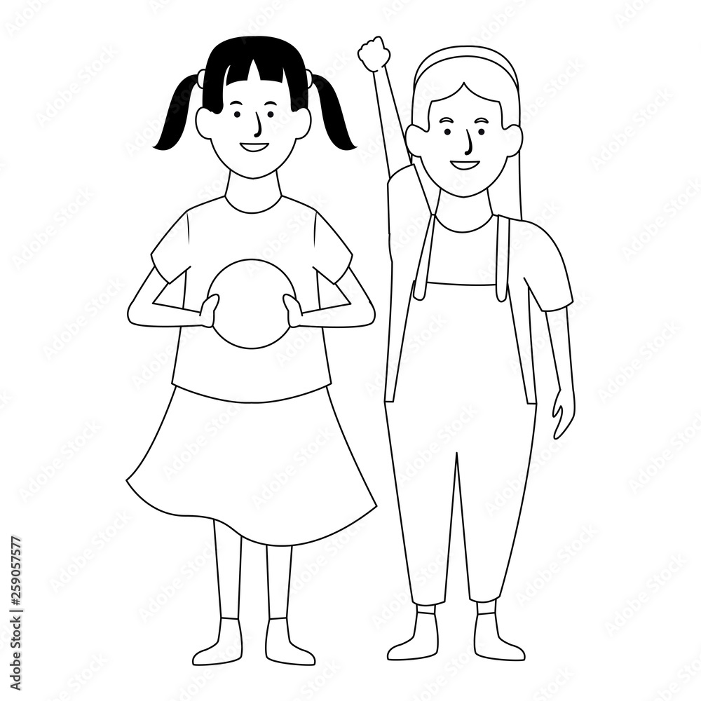 Two kids smiling cartoons in black and white Two kids smiling cartoons in black and white