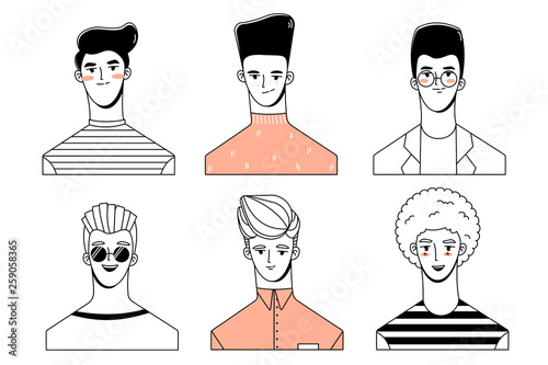 A set of avatars. Portrait of a guy. Icons with the image of young guys in retro style.
