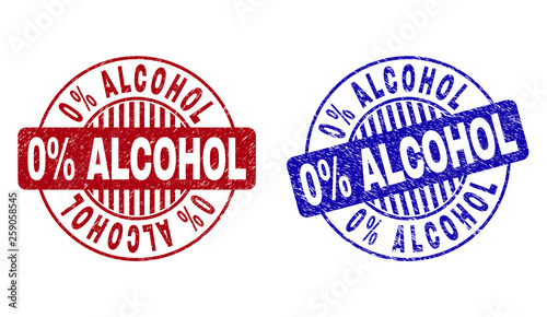 Grunge 0% ALCOHOL round stamp seals isolated on a white background. Round seals with grunge texture in red and blue colors. Vector rubber watermark of 0% ALCOHOL title inside circle form with stripes.