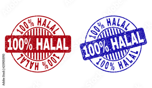 Grunge 100% HALAL round stamp seals isolated on a white background. Round seals with grunge texture in red and blue colors. Vector rubber overlay of 100% HALAL label inside circle form with stripes.