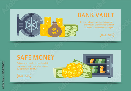 Bank safe and vault banners vector illustration, metallic iron safe door. Gold, cash, currency for financial concept, business template. Storage gate with electronical lock.