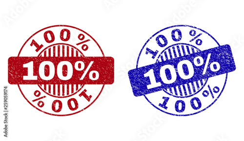 Grunge 100% round stamp seals isolated on a white background. Round seals with grunge texture in red and blue colors. Vector rubber overlay of 100% caption inside circle form with stripes.