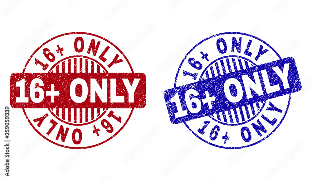 Grunge 16+ ONLY round stamp seals isolated on a white background. Round