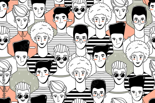 Seamless pattern with a crowd of people (young guys). Background in doodle style.