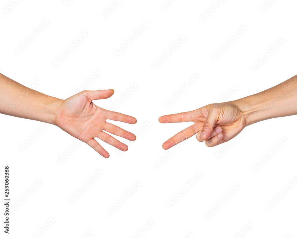 Male hands playing Rock Paper Scissors on white background