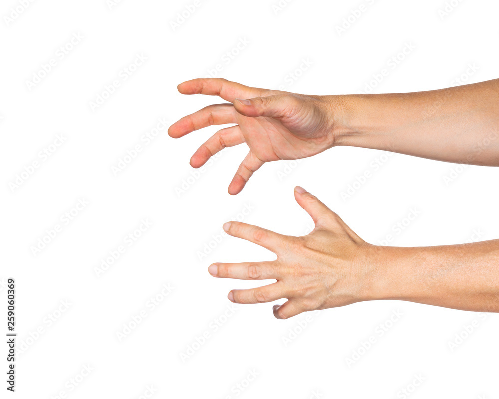 Two male hands reaching out to grab something, white background