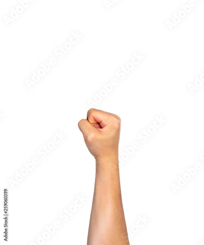 Man fist pointing straight out on white background