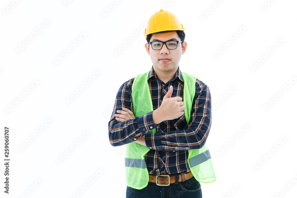 Engineer man cross arm orange helmet and vest Engineer man cross arm orange helmet and vest
