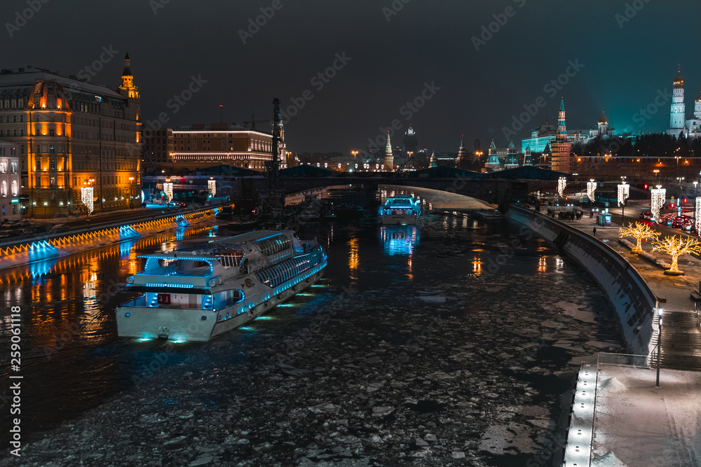 Magnificent view of the Moscow River from the soaring bridge in the New Year holidays
