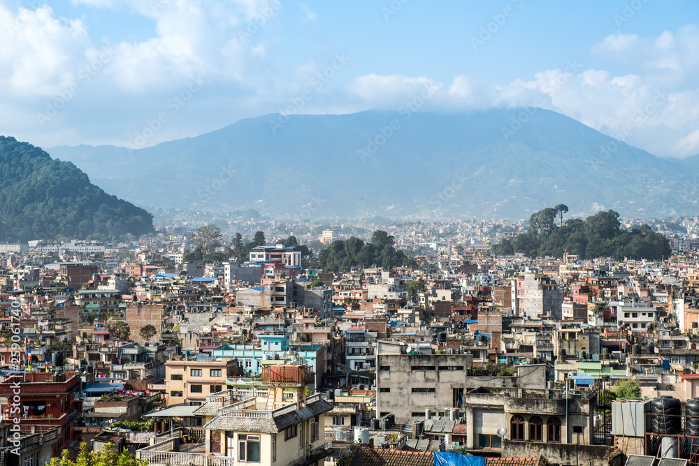The cityscape of Kathmandu the capital city of Nepal. The city located in the bowl-shaped Kathmandu Valley of central Nepal.