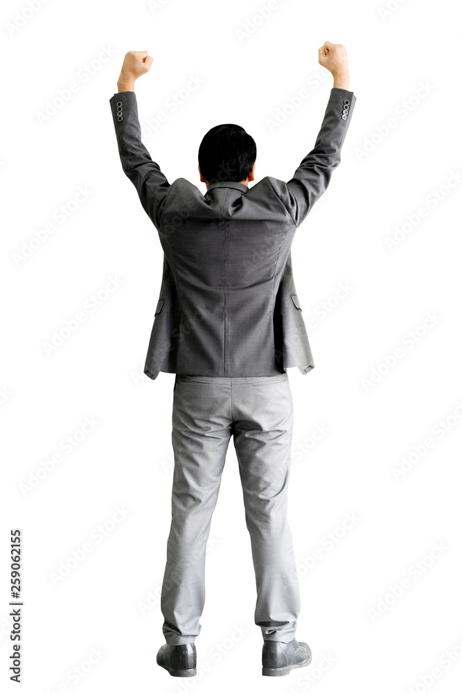Successful business man raising hand isolated on white background, businessman success concept. Successful business man raising hand isolated on white background, businessman success concept.