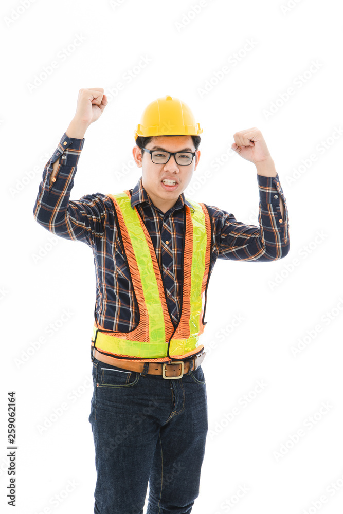 Engineer man cross arm orange helmet and vest Engineer man cross arm orange helmet and vest