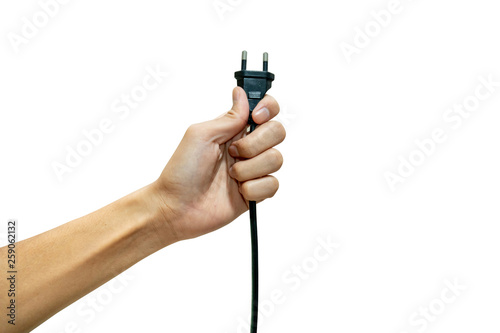 hand holding electric plug isolated from a white background. concept Save energy and reduce global warming. clipping path. illustration