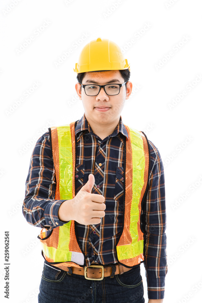 Engineer man cross arm orange helmet and vest