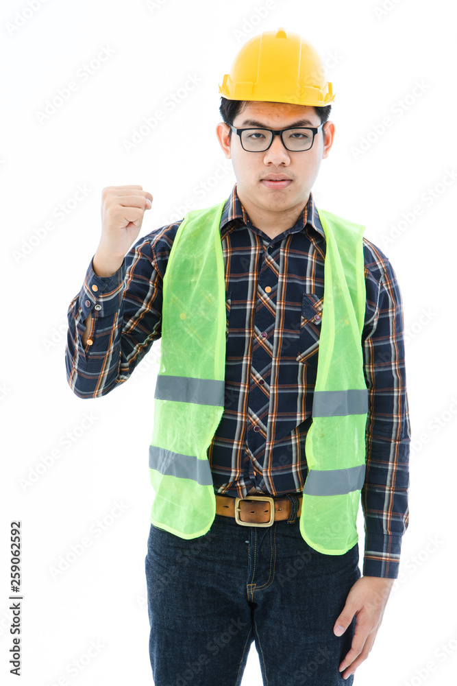 Engineer man cross arm orange helmet and vest Engineer man cross arm orange helmet and vest