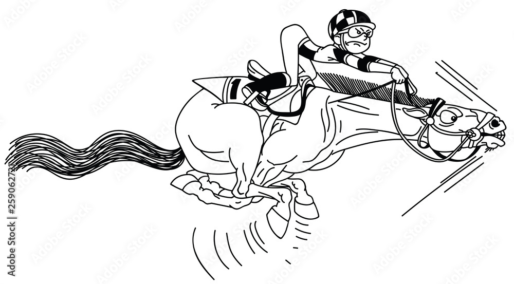 cartoon race horse with jockey galloping in the full speed . Funny