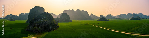 Aerial drone photo - Mountains and rice fields of North Vietnam at sunset.  