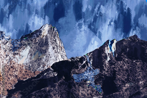 Abstract painting of mountain in blue and brown tone, Digital painting